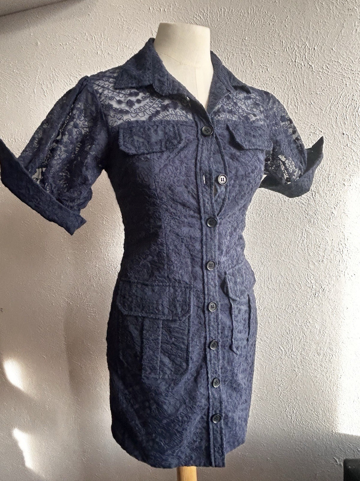 Navy Blue Lace Mini Dress With Collar Fitted Short Sleeve US Seller