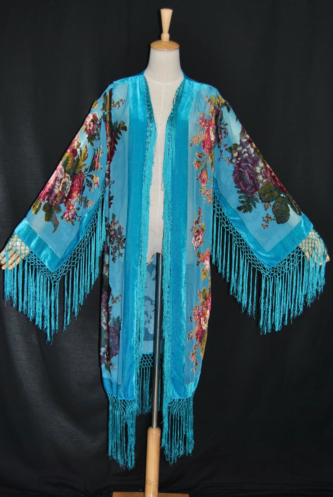 Art to Classic Eastern Flower Burnout Velvet Fringe Jacket Coat Kimono Duster