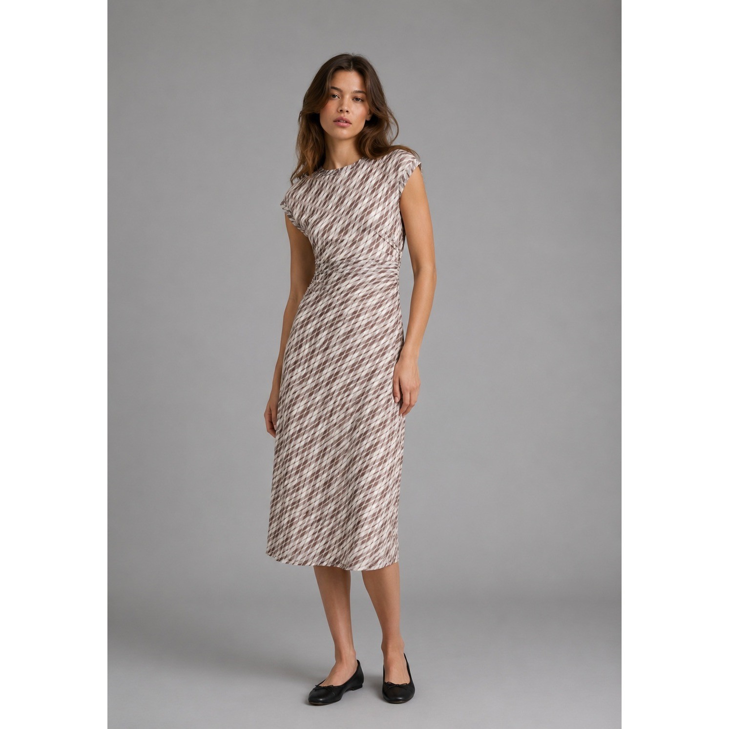 Madewell Dress Size Medium Stretch Midi Mesh Ruched Side Brown Argyle Print NWT
