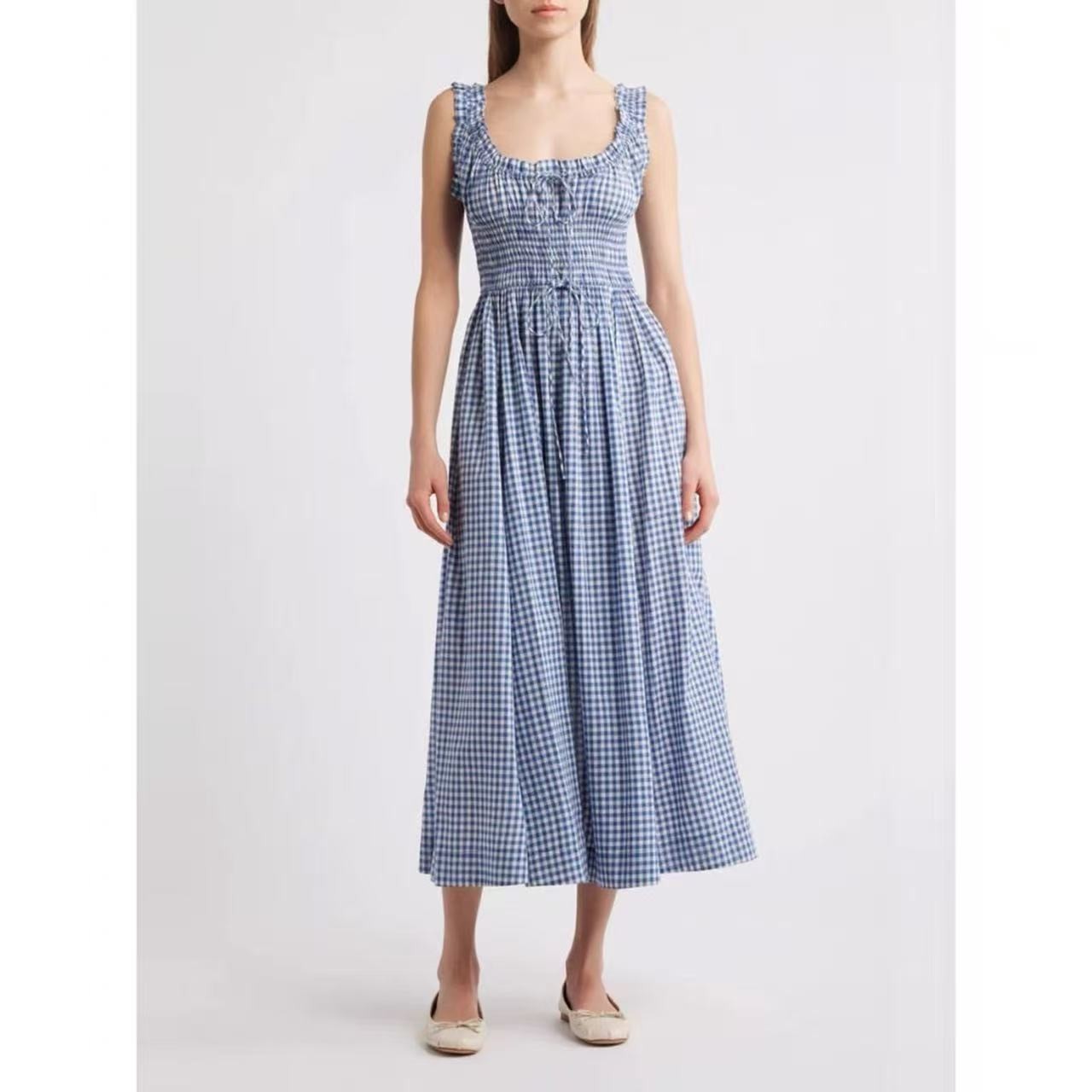 DOEN 25 Spring/Summer checkered printed cinched waist lace-up vest dress