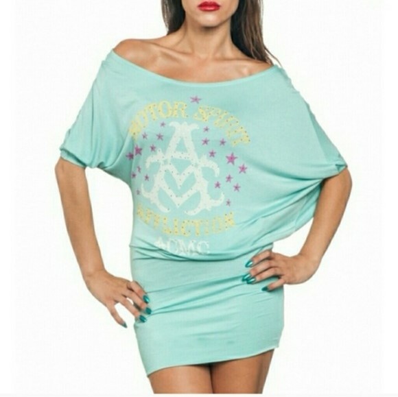 New AFFLICTION Women’s M Black Premium Label Asymmetric Mini Dress Aqua