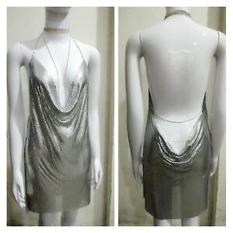 Stunning Sequin Metal Mesh Backless Crystal Halter Neck Mini Dress Gown Bling