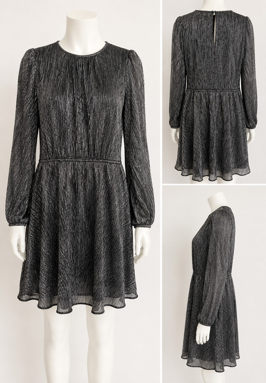 White House Black Market Metallic Pleated Fit & Flare Dress L Silver Black