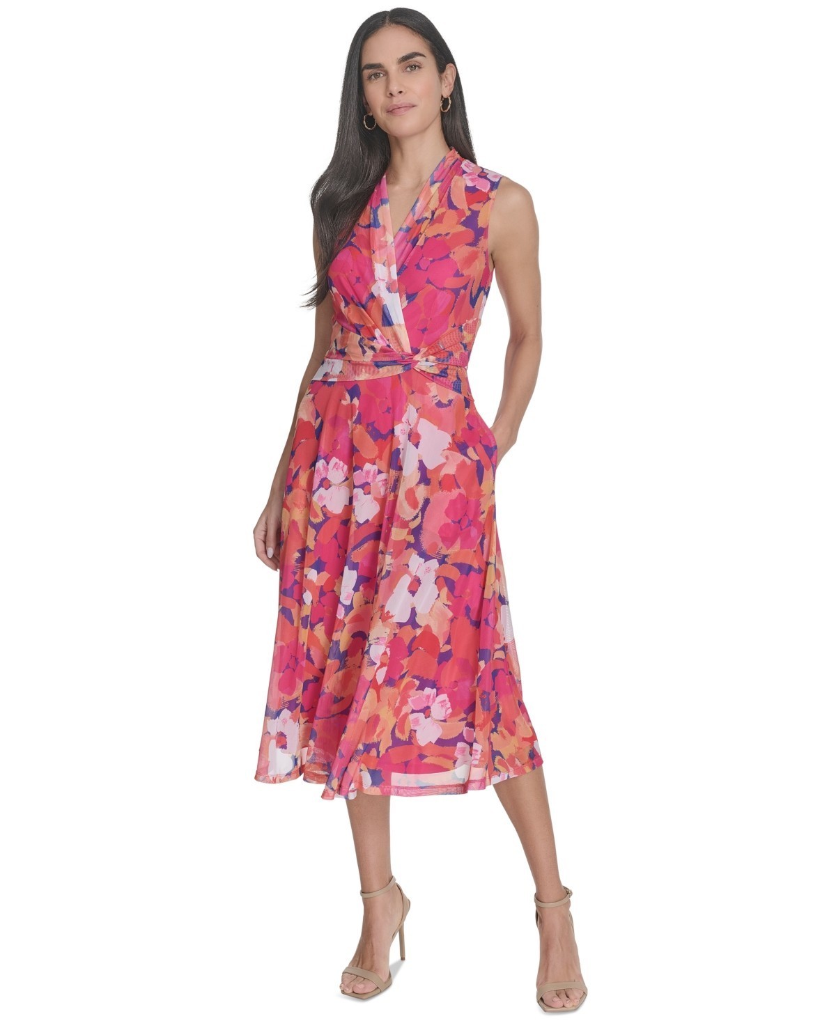 Jessica Howard Petite Floral Surplice-Neck Midi Dress Women’s 10P Pink Multi