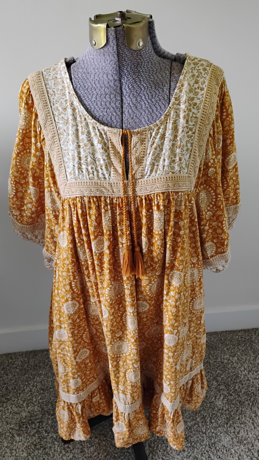 Old Navy Babydoll Mini Dress Size XL Mustard Brown Puff Sleeve Boho Tassels