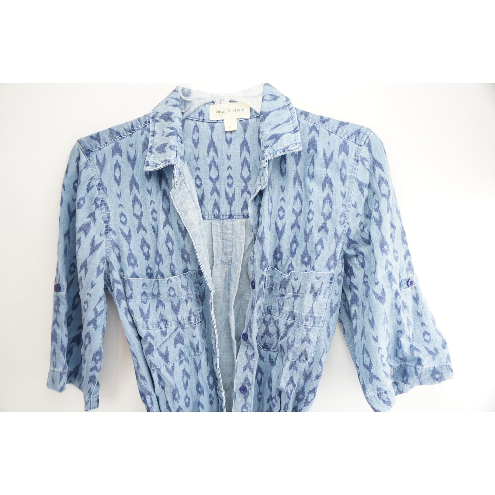 Cloth & Stone Shirt Dress Womens S Blue Ikat Tencel Button Front Belted EUC