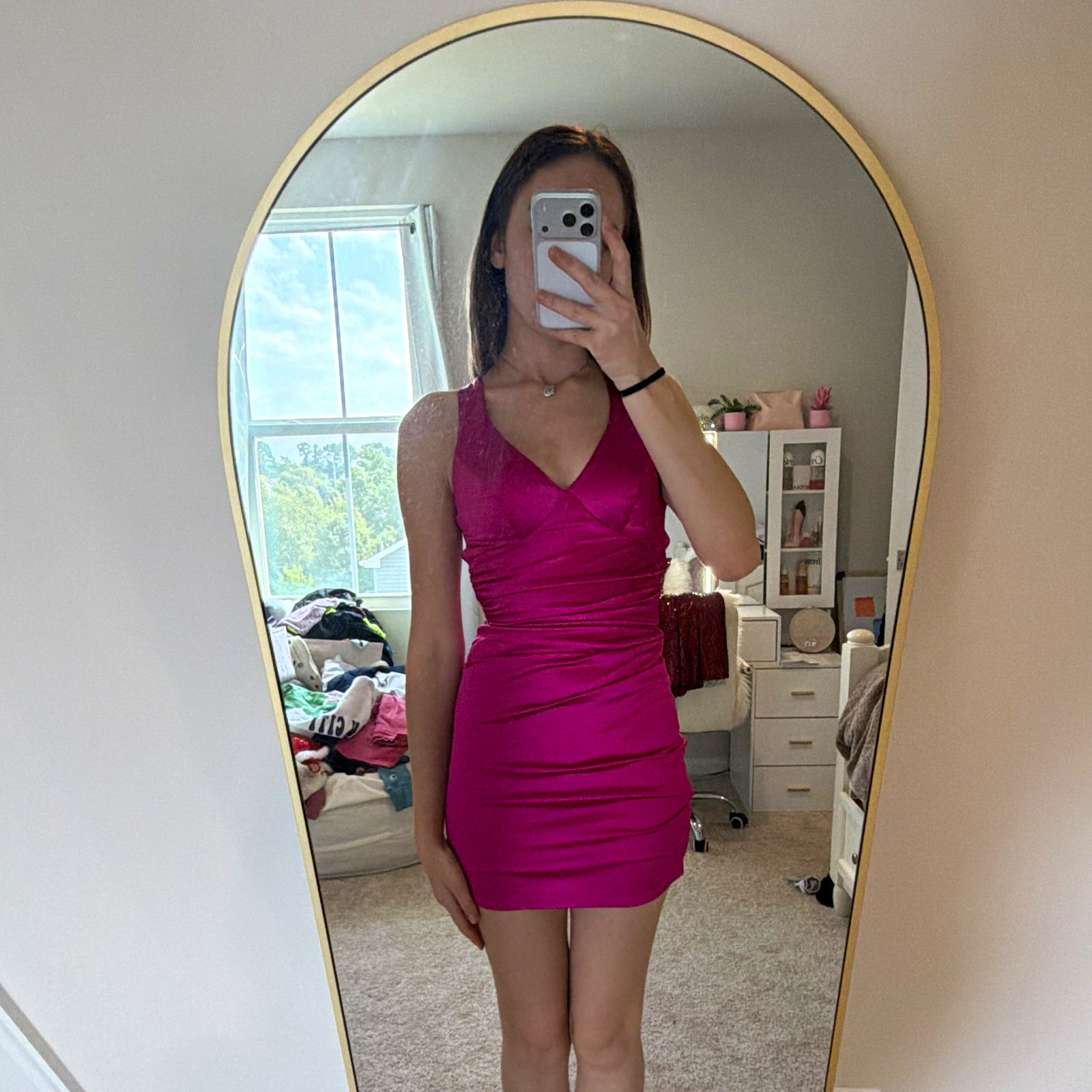 Pink Satin Ruched Bodycon Mini Dress V-Neck Backless Zip Women’s S