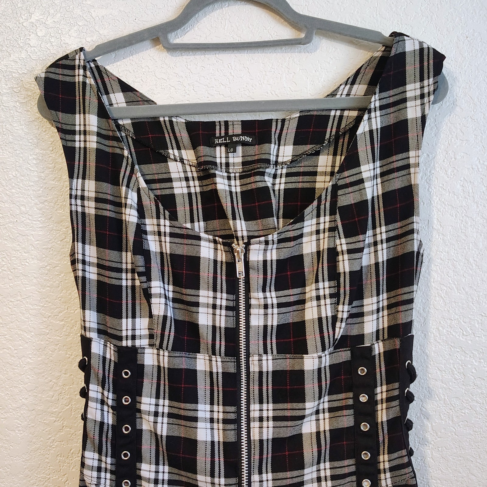 Hell Bunny Size Large Black White Plaid Corset Dress O-Rings Lace Up Sides Back