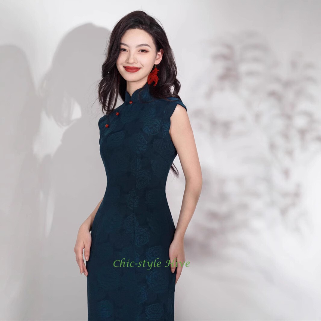 Summer Blue Jacquard Cheongsam Retro Long Style Young Slim Fit Qipao Dress