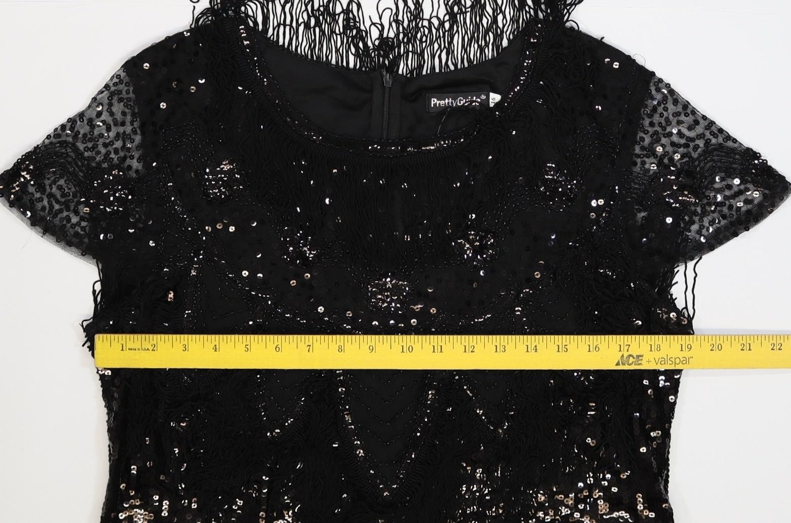 PrettyGuide Dress Womens 16 Black Sequin Fringe Mesh Short Sleeve Shift Party