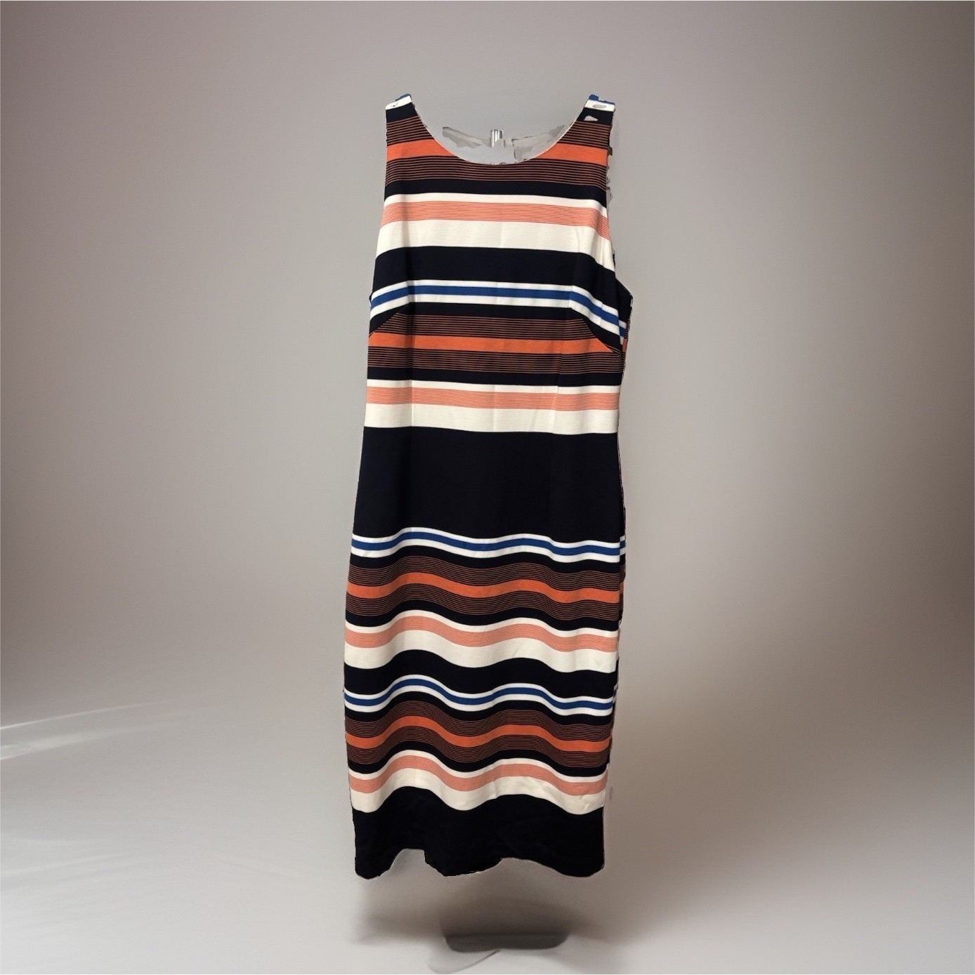 Adrianna Papell Navy White Orange Striped Sheath Midi Dress Round Neck Sz 10