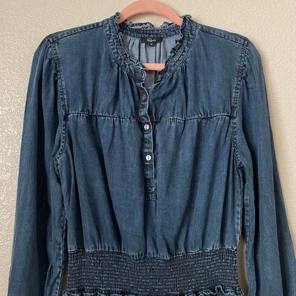 Rails Dress Womens Medium Dark Vintage Blue Shawna Mini Smocked Ruffle Denim