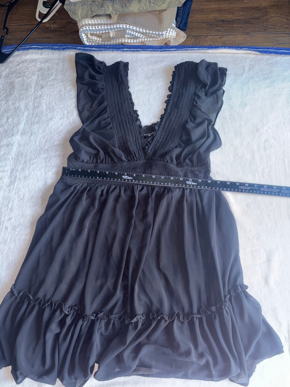 Torrid Size 0 Black Smocked Mini Dress Ruffle Shoulder Chiffon Flared L 12