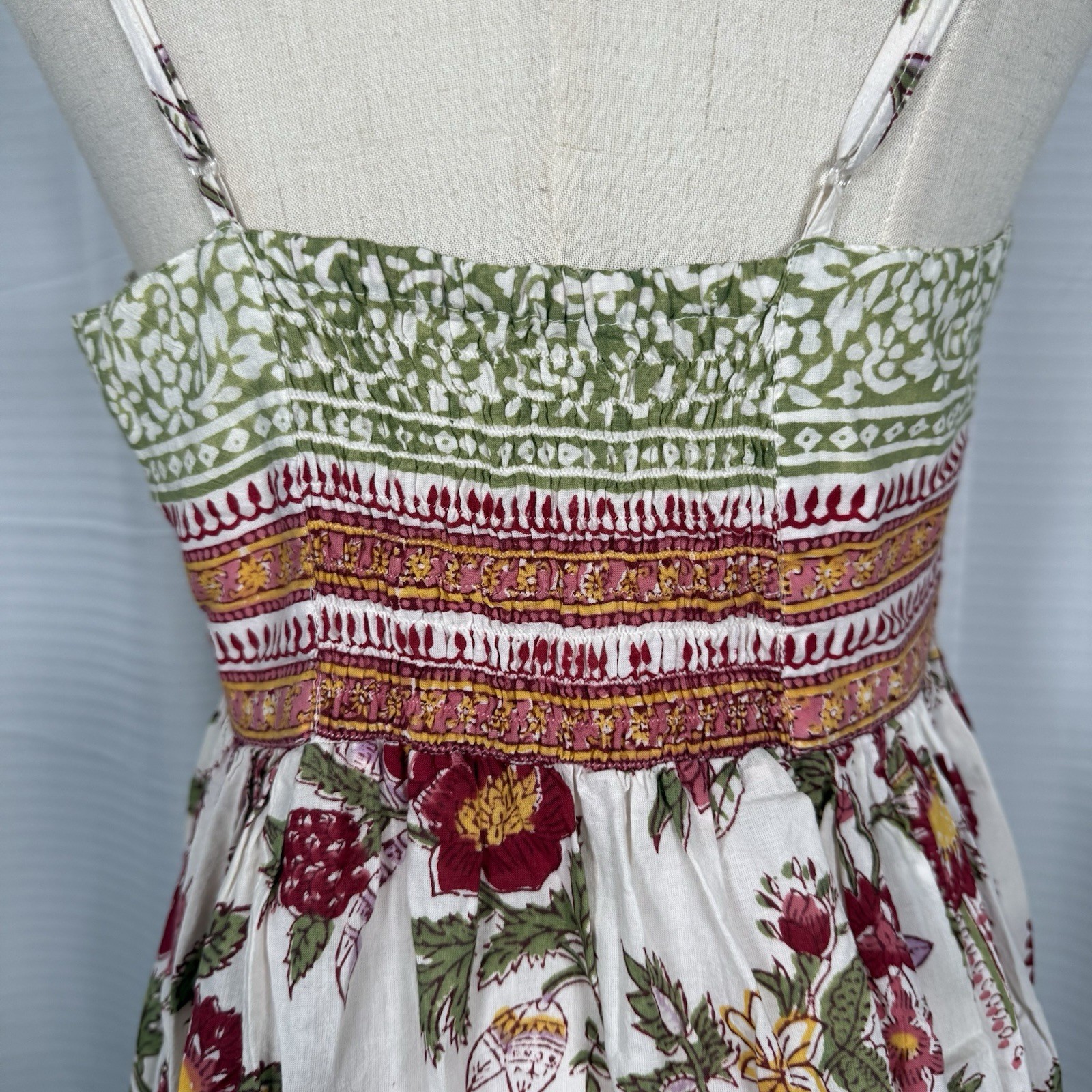 ANOKHI Floral Hand Block Print Indian Cotton Maxi Dress Boho A-line Sz M Cottage