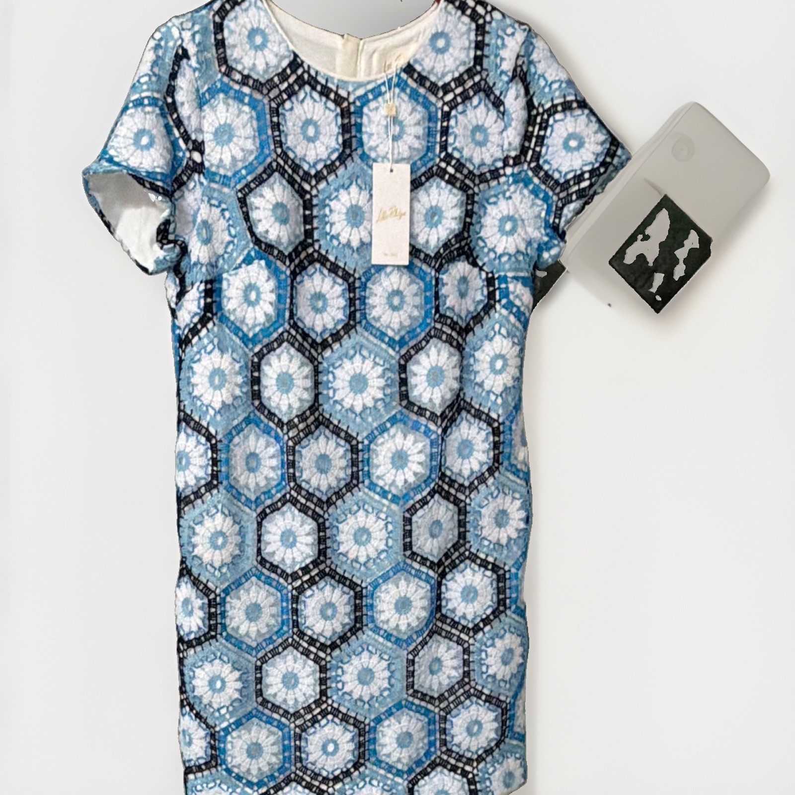 Lilly Pulitzer Shift Crochet Dress Daisy Geometric Full Zip Blue/White/Black 6