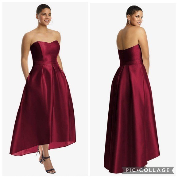 Alfred Sung D699S Strapless Hi-Low Gown Burgundy 8