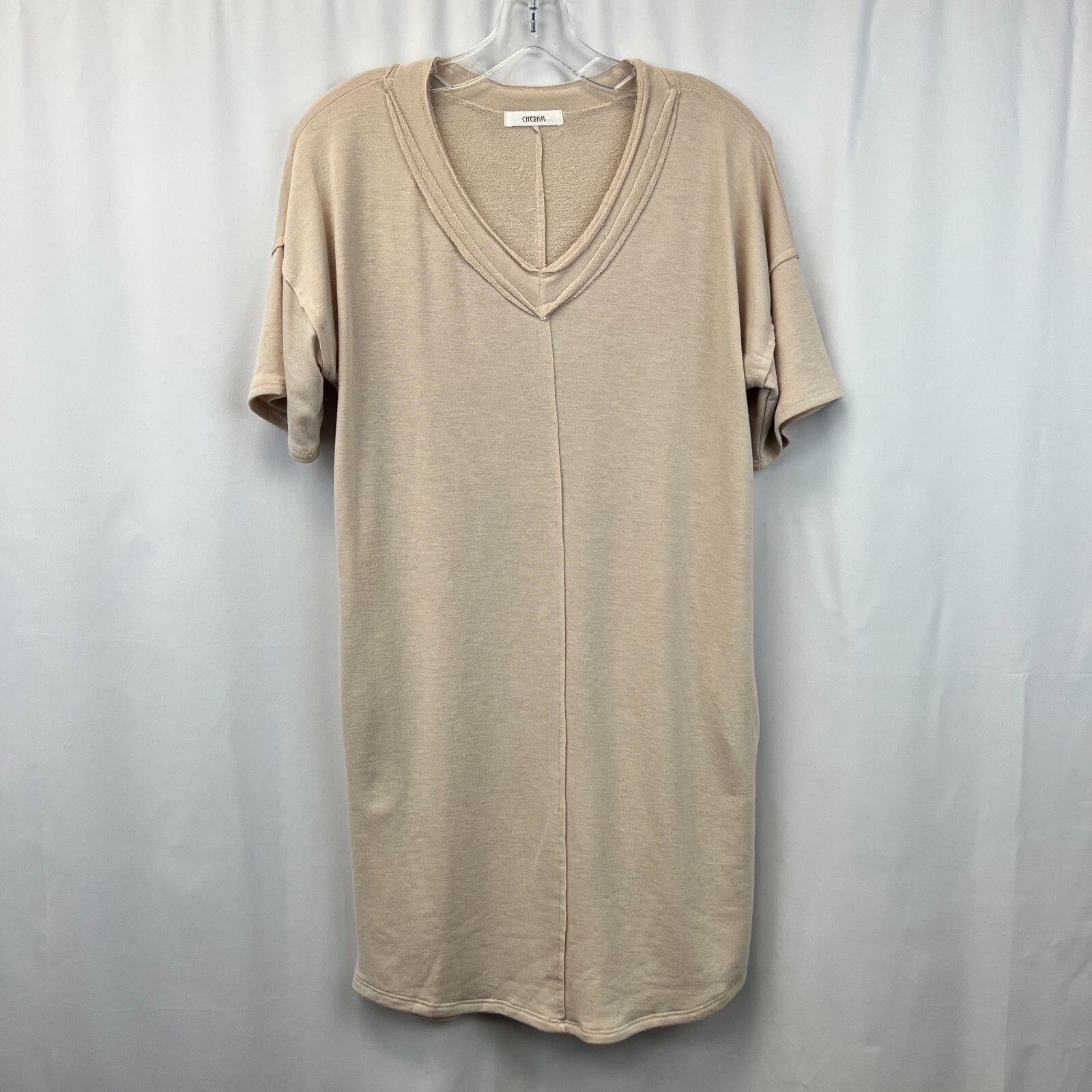 Cherish Womens Beige Short Sleeve V-Neck Pockets Short T-Shirt Dress Size Medium