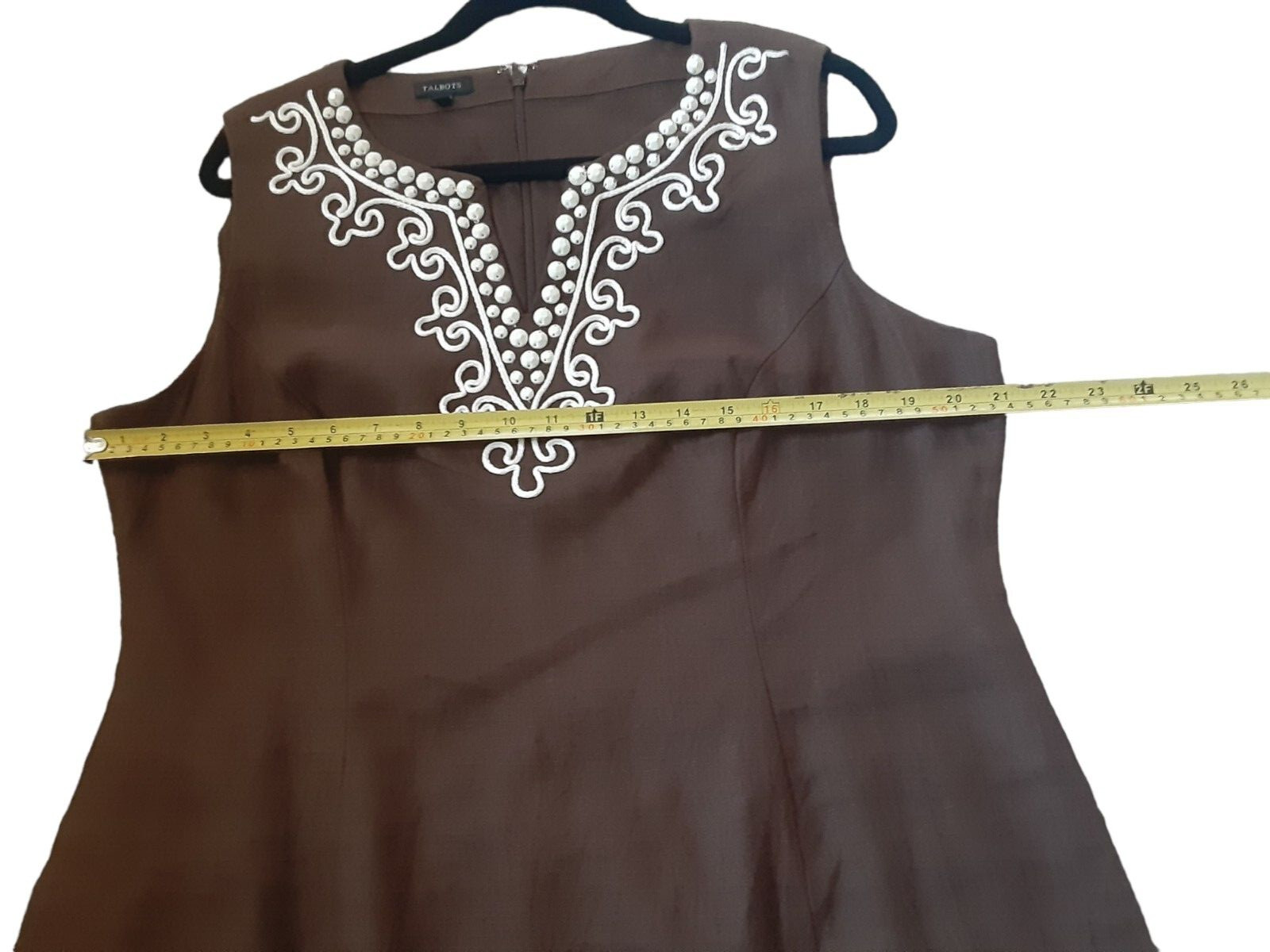 Talbots Size 16 Linen Lined Sleeveless Round Split Neck Beads Knee Sheath Dress