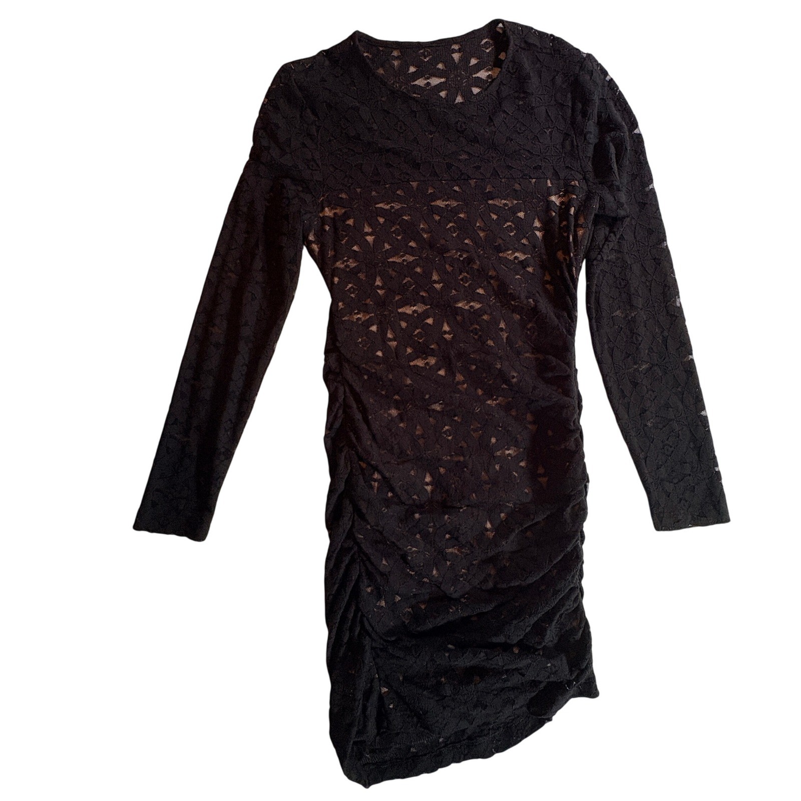 BCBGMAXAZRIA Black Lace Mini Dress Womens Size Medium Ruched Long Sleeve Bodycon