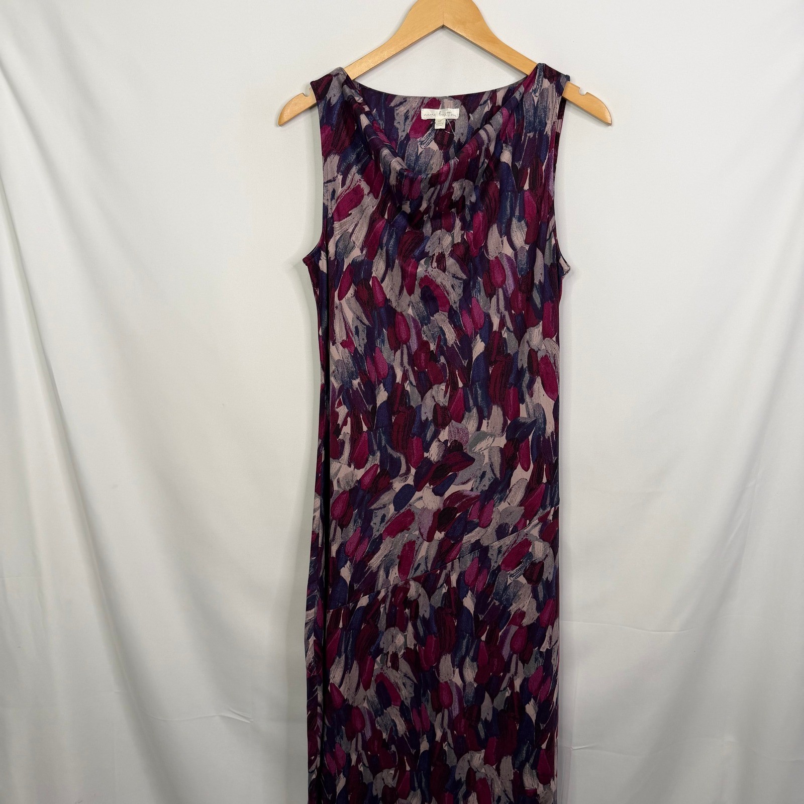 Nine Britton Plum Abstract Brushstroke Cowl Neck Asymmetrical Midi Dress LP