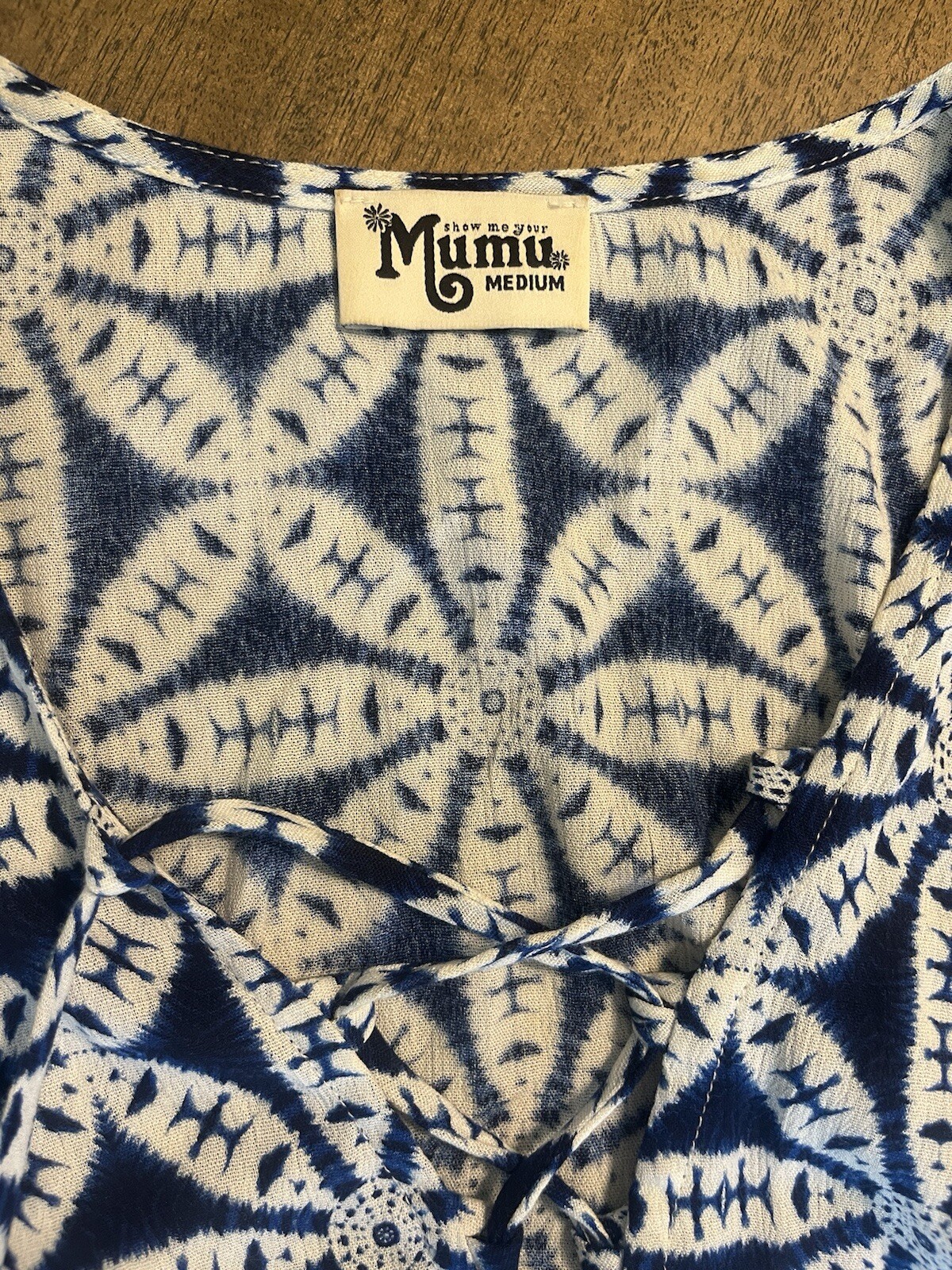 Show Me Your Mumu Rancho Mirage Lace Up Dress Blue White Mini Beach Dress Size M