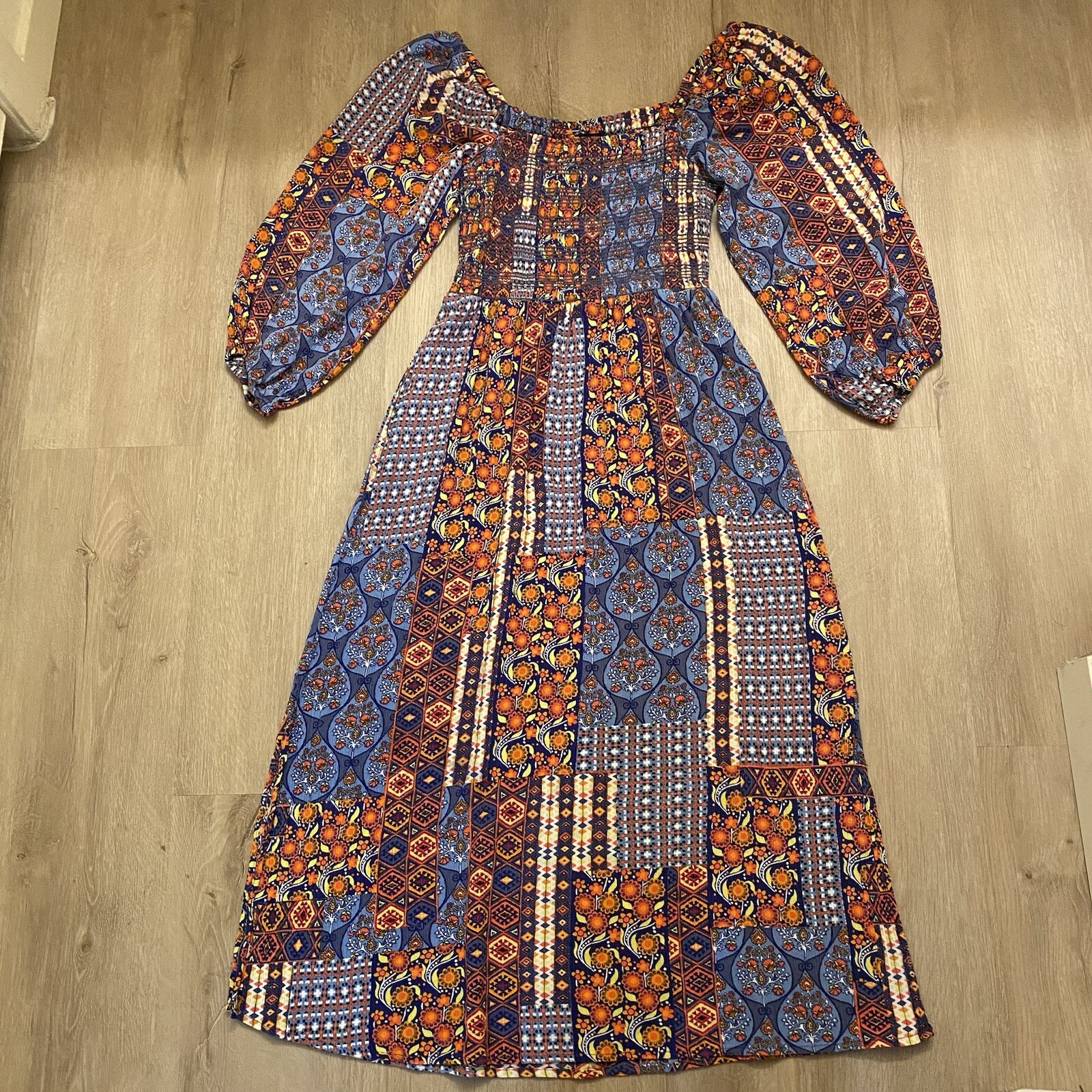 SCOOP NYC Patchwork Pattern Boho Smocked Dress 3/4 Sleeves Womens Size 0 – 2 XS