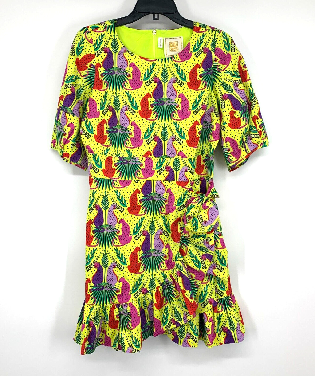 Emily McCarthy Lola Dress Womens Size Medium Peekaboo Yellow Animal Ruffle NWT