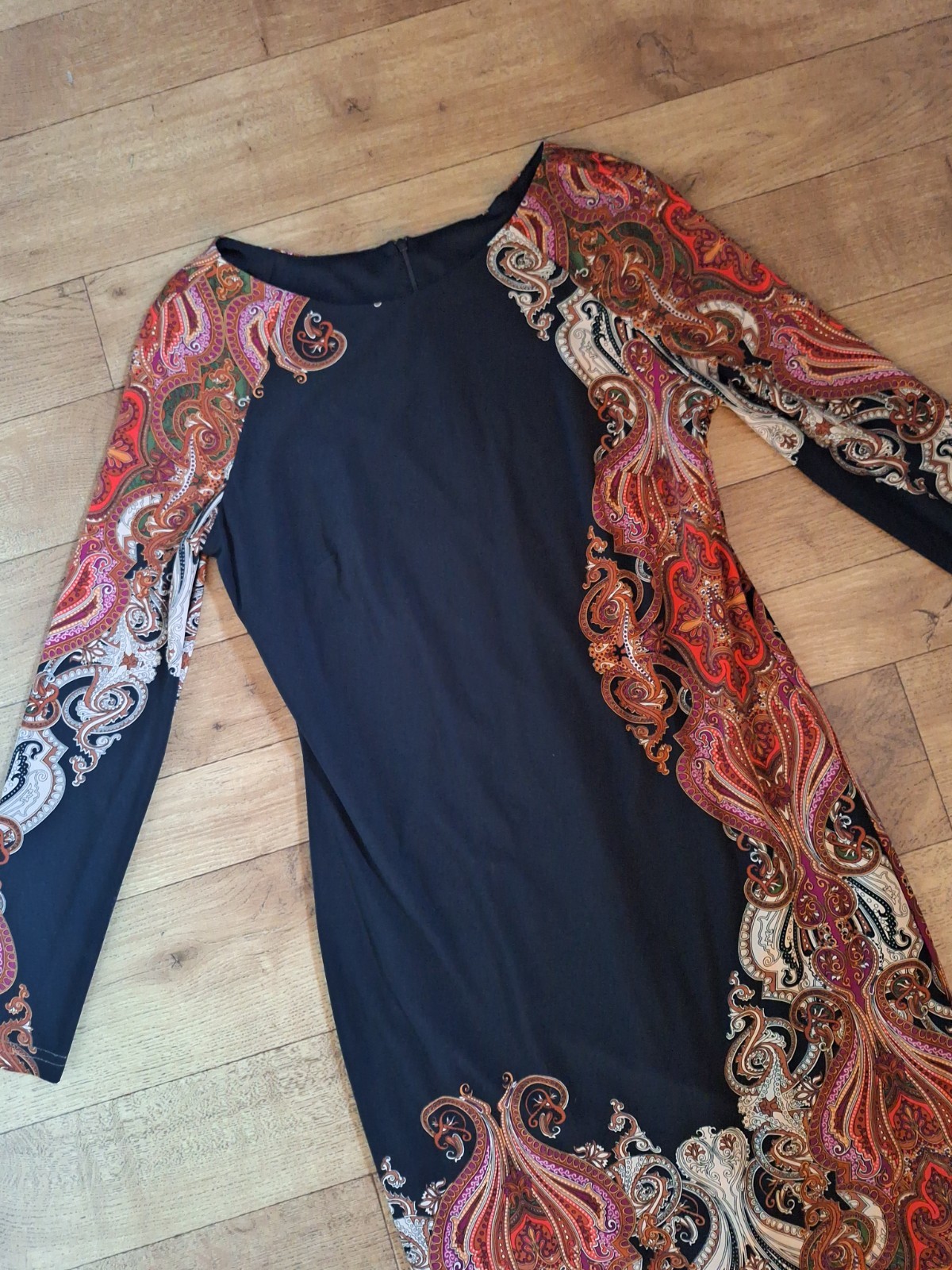 Joseph Ribkoff Paisley Print Black Orange Purple Sheath Dress UK 14 EU 42 USA 10