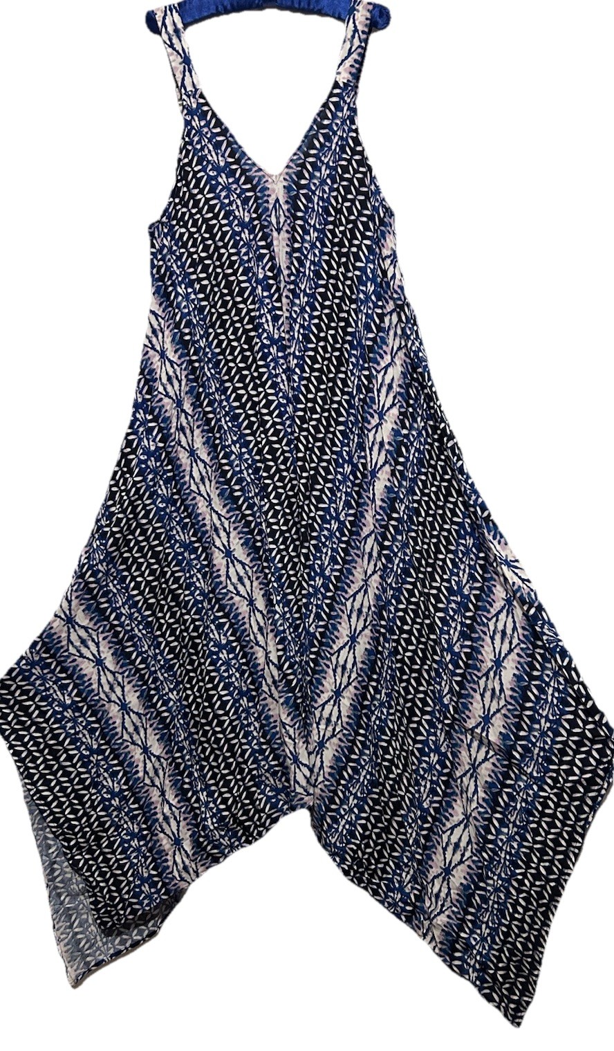 G Unit Dress L Blue Batik Rayon Boho Hippie Flowy Oversized Suspender Sundress