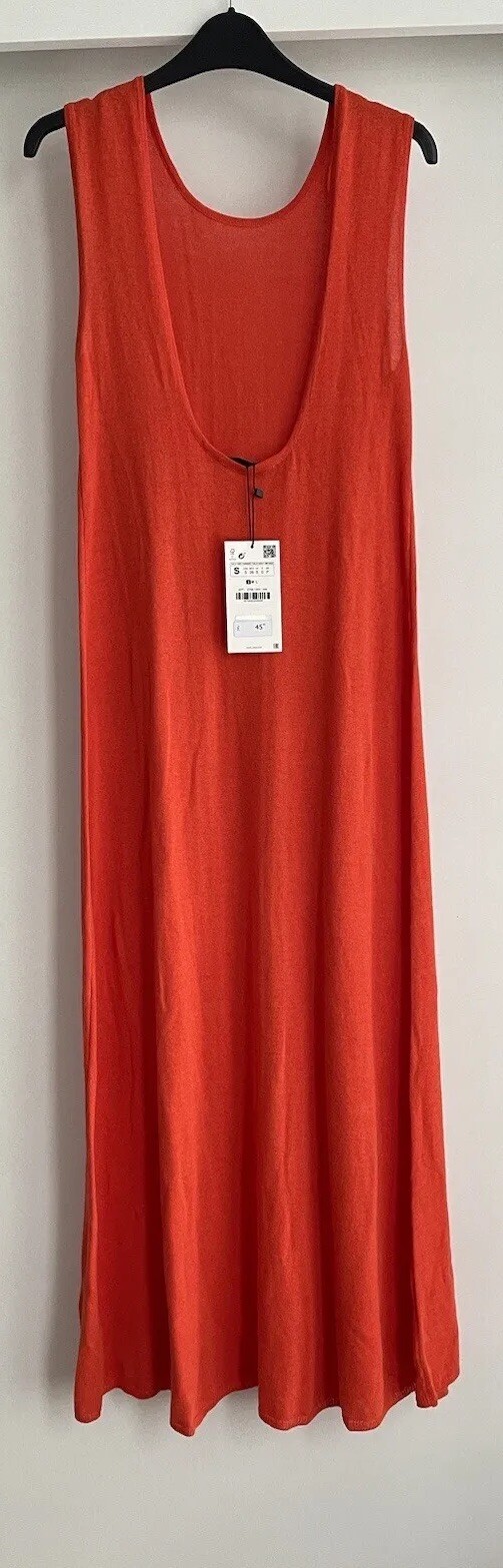 ZARA RED CAROL COTTON BLEND MIDI KNIT DRESS WITH PLUNGING NECKLINE SIZE S BNWT