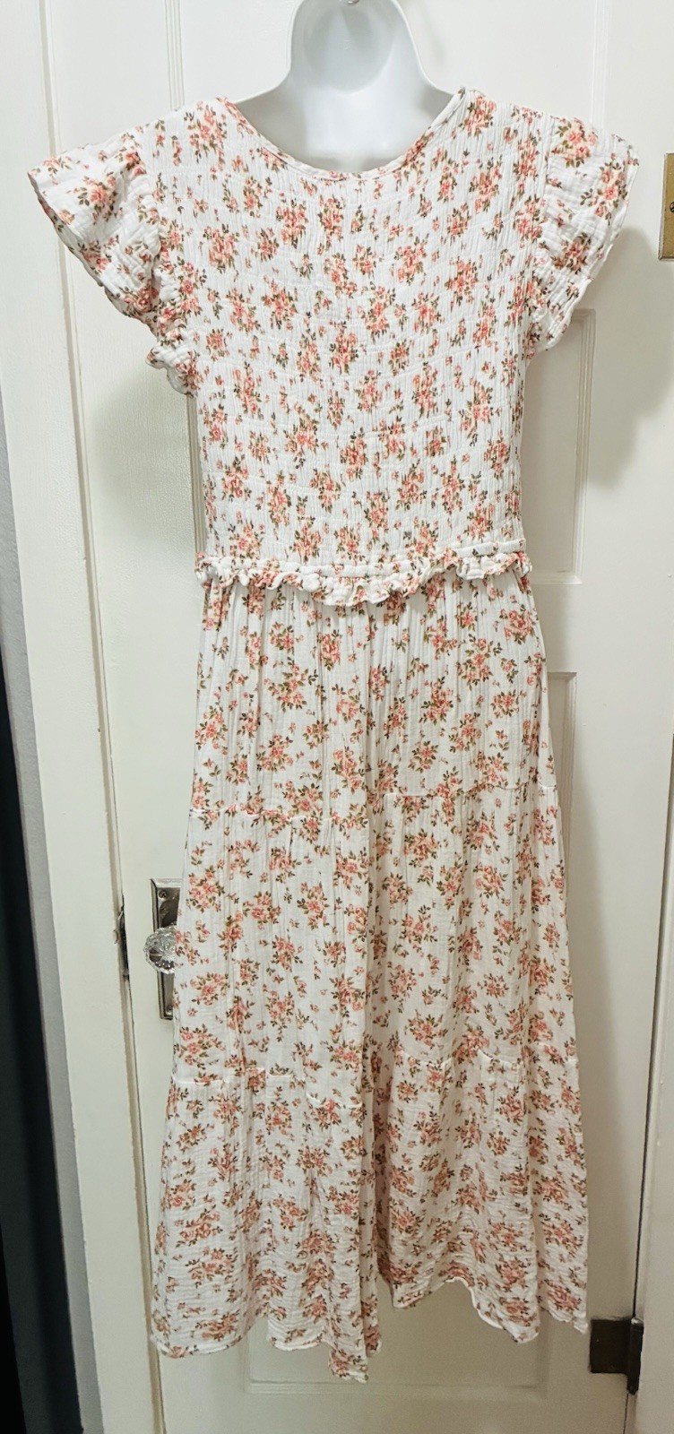 Cottage Core Pink Ditsy Rose Floral Smocked 100% Cotton Midi Dress XL
