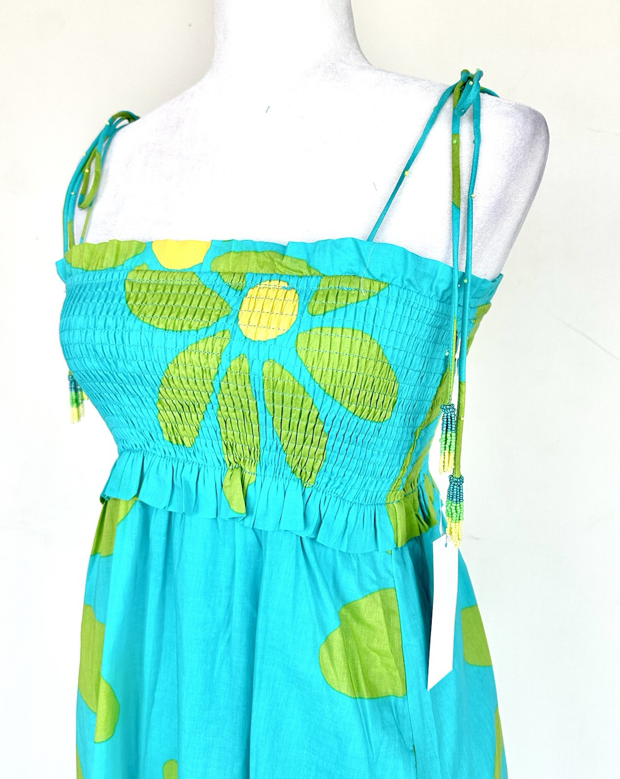 J Marie Indie Smocked Dress Beaded Strap MIDI Dress Retails $172 Size S NWT