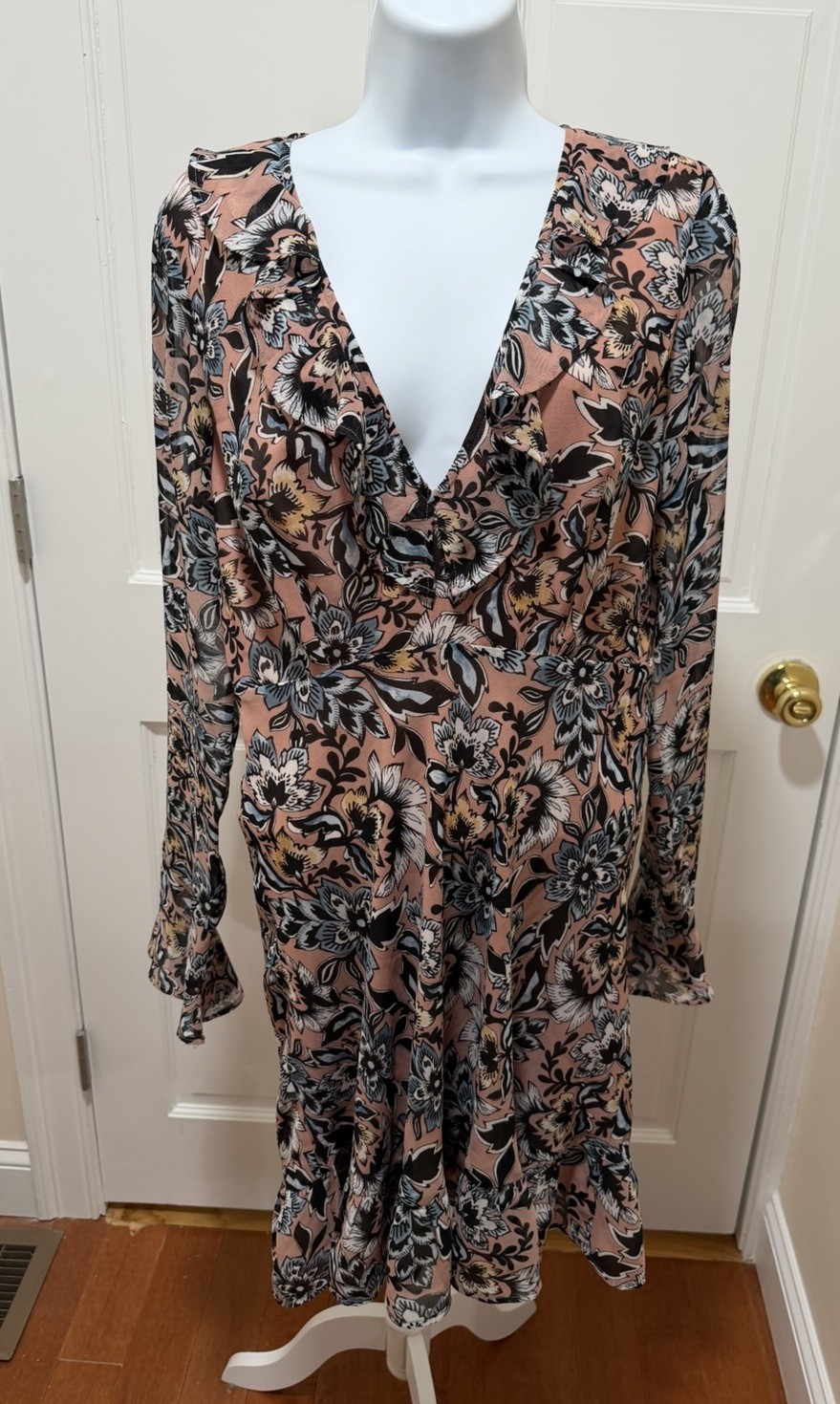 For Love and Lemons Pink Black Floral Long Bell Sleeve Gracie Mini Dress Sz. M