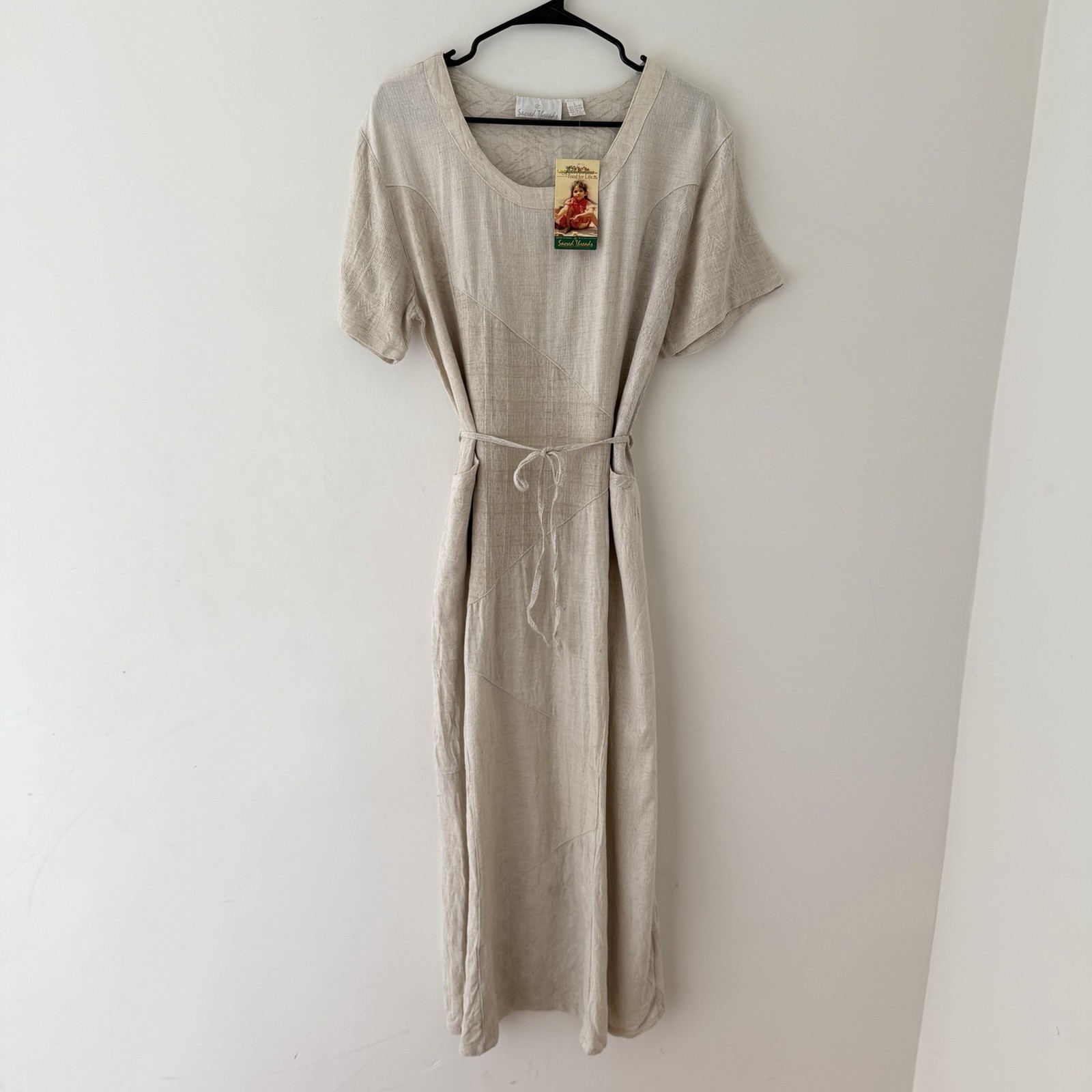 Sacred Threads Maxi Dress L Patchwork Lagenlook Boho Artsy Neutral Pocket NWT