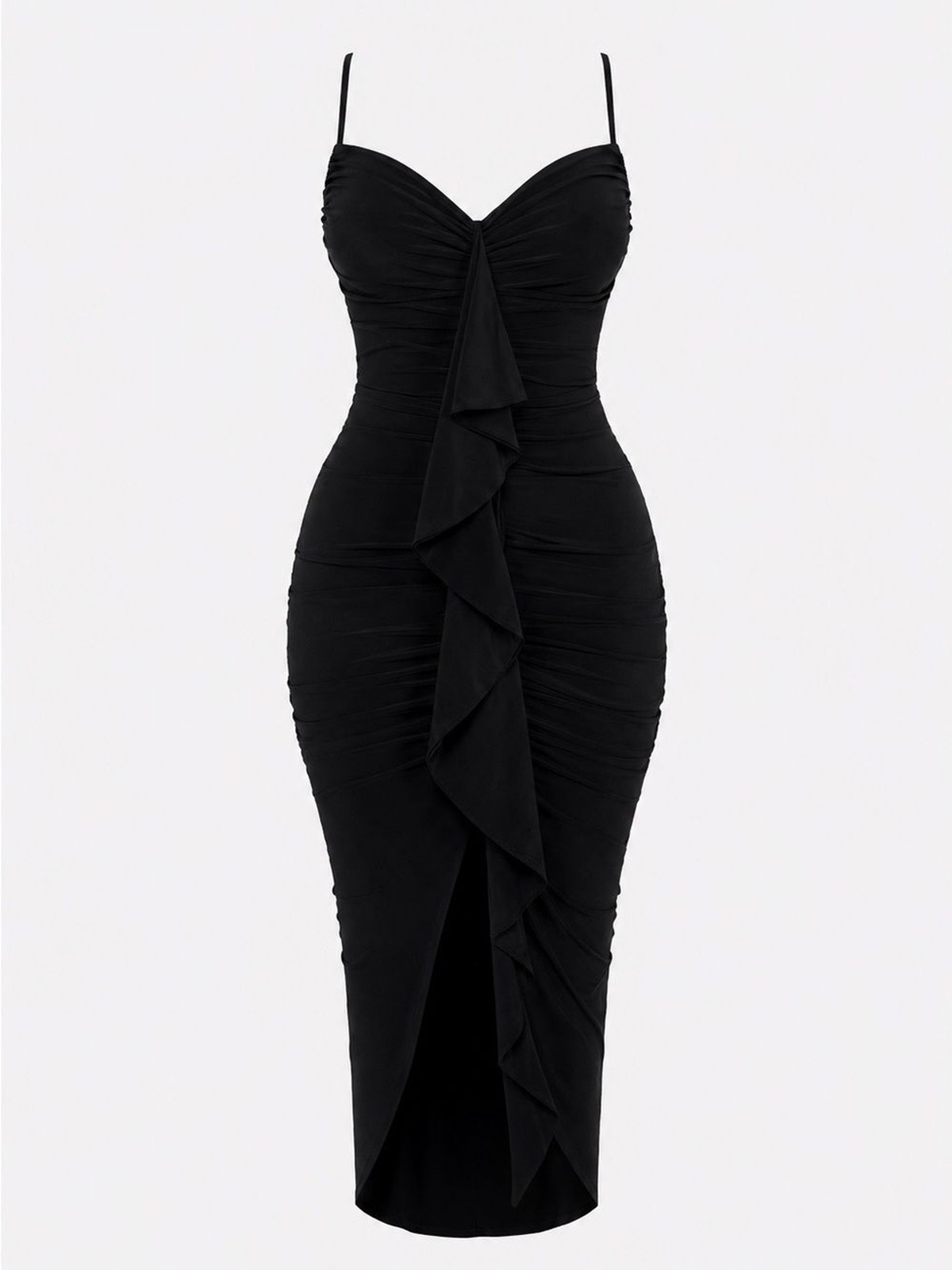 Fashion Nova Ruched High-Low Midi Dress – Black – Size Large