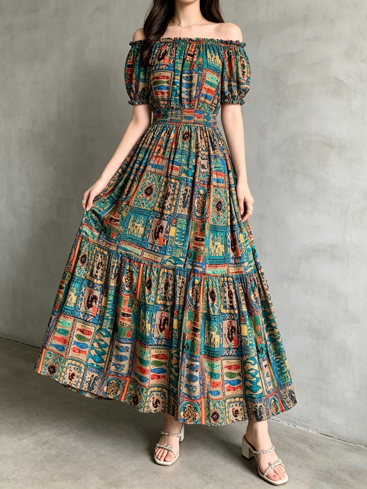 Ladies Bohemian Elegant Swing Maxi Dress Elastic Waist Comfort All Figures
