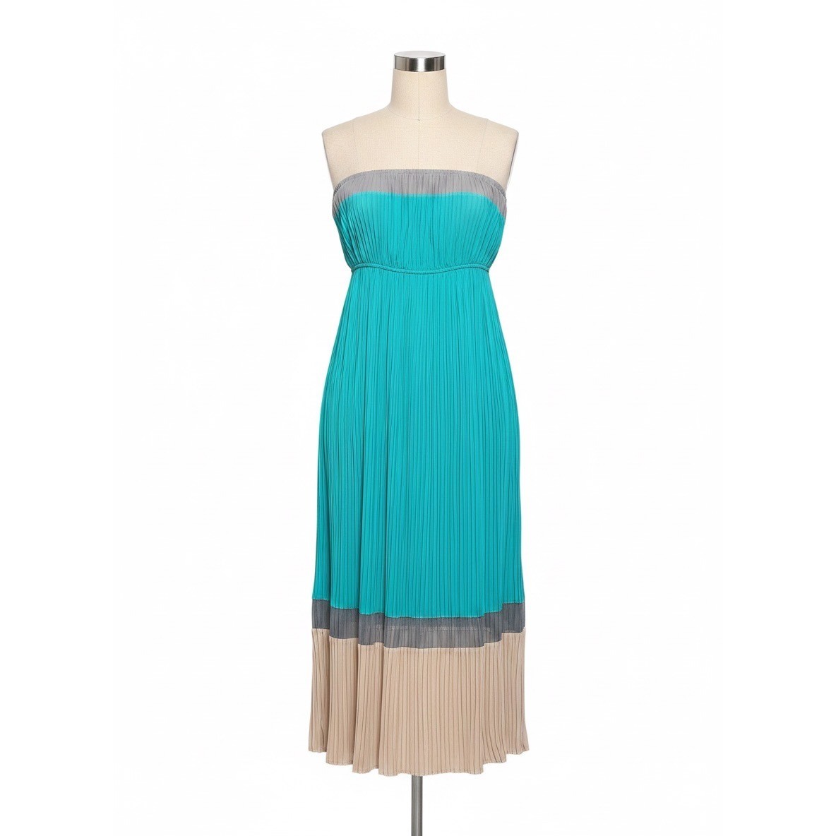 Romeo & Juliet Couture Pleated Strapless Maxi Dress Teal Grey Tan Large