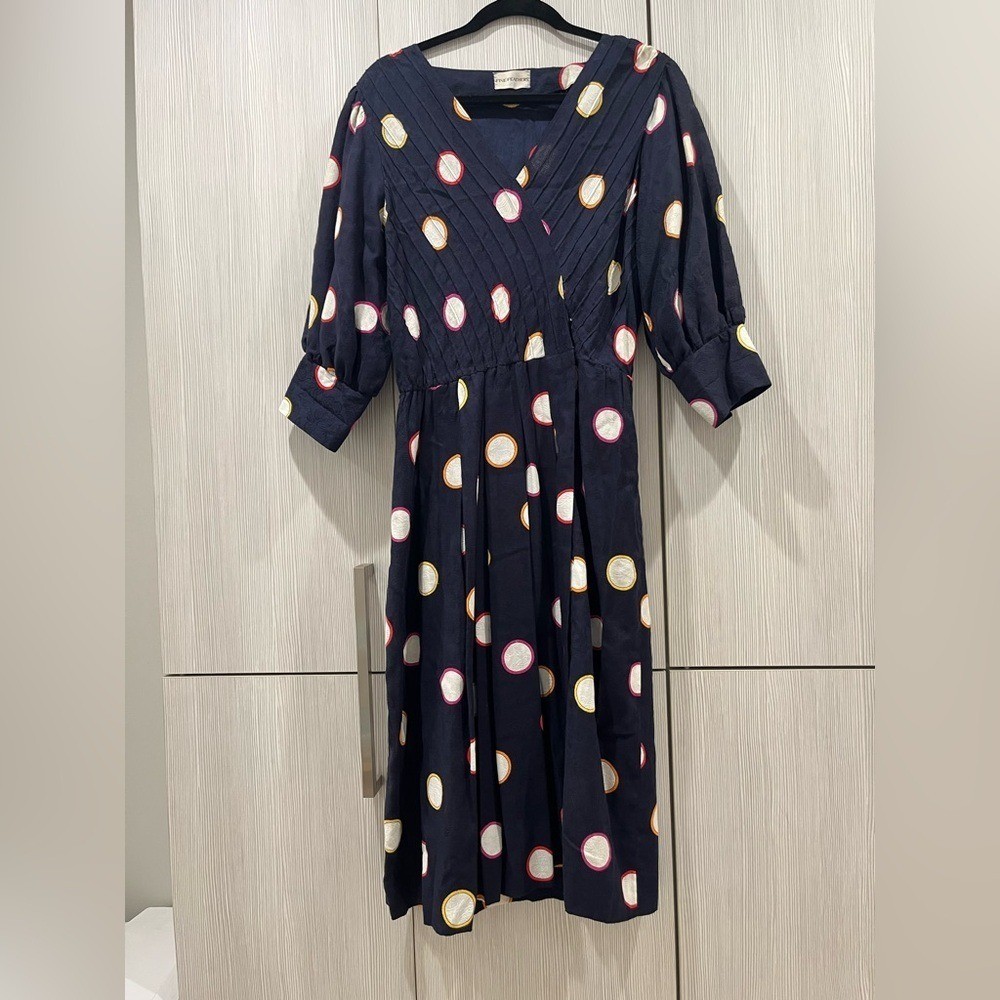 VINTAGE Fine Feathers | Midi Dress with Puff Sleeves | Navy Blue Polka Dot | 12