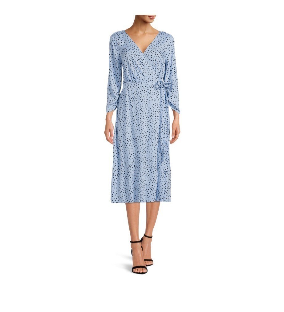 Beach Lunch Lounge Womens Small Blue Print Wrap Midi Dress V-Neck 3/4 Sleeve NWT