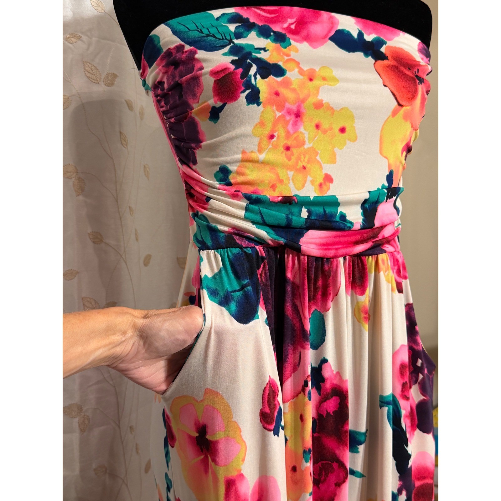 Floral Strapless Maxi Dress Pink Orange Ruched Empire Waist Summer Gown Women