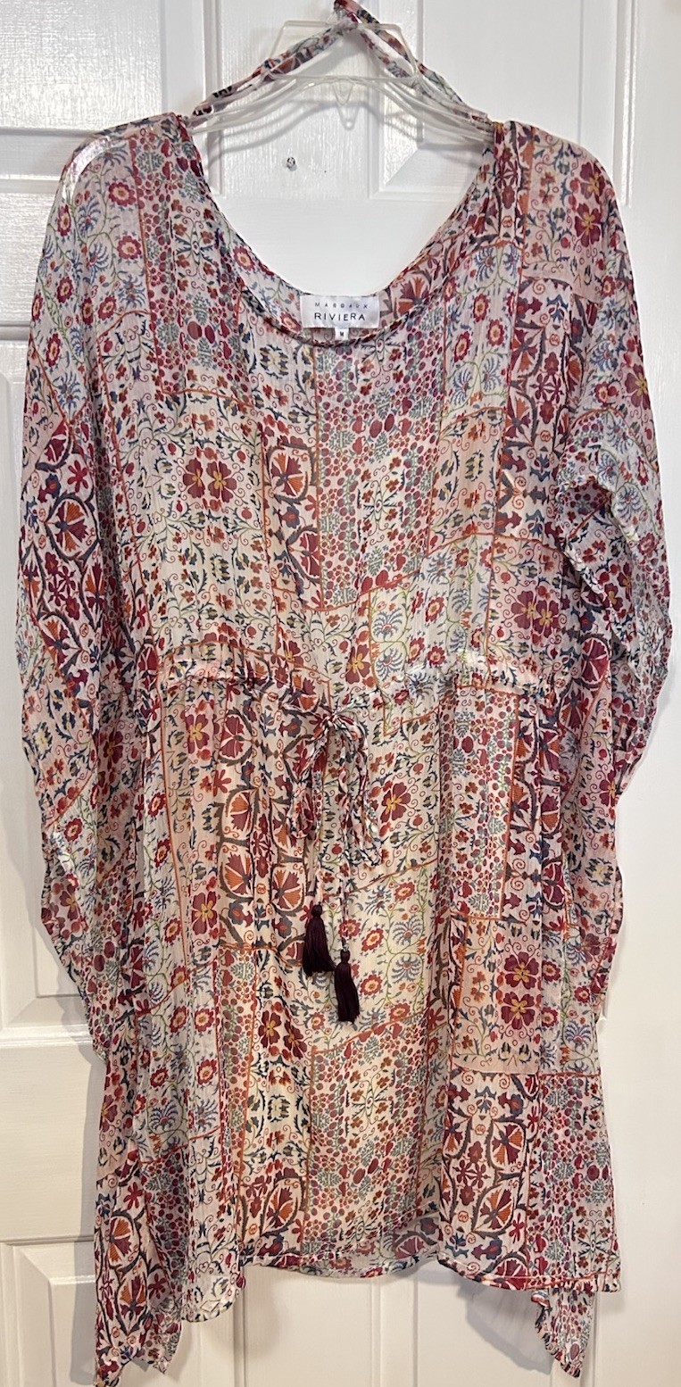 Margaux Riviera Sheer Tunic Dress Size Medium Floral Lined Drawstring Waist