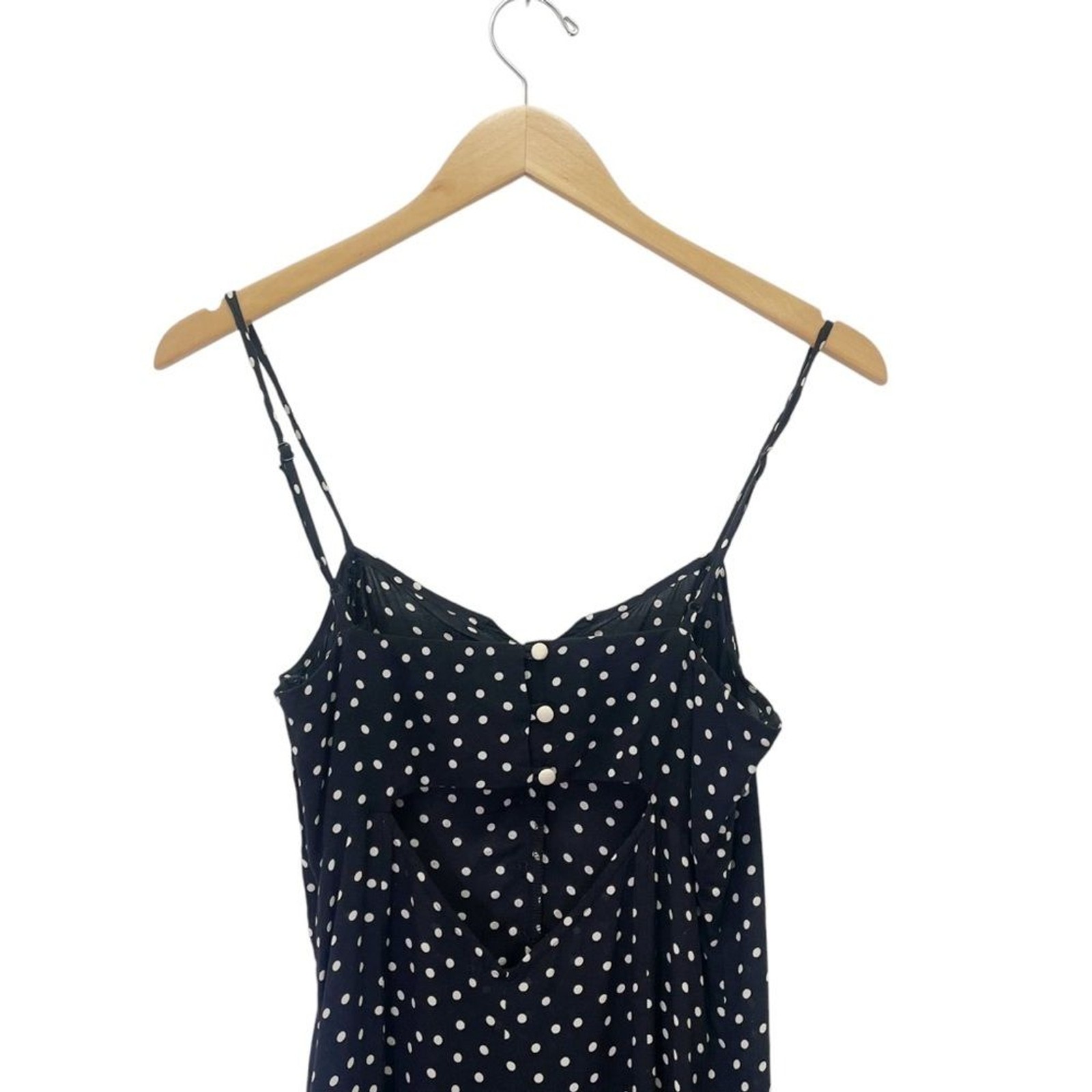 Intermix Linette Black Polka Dot Midi Dress Size 2 Spaghetti Strap Button Front
