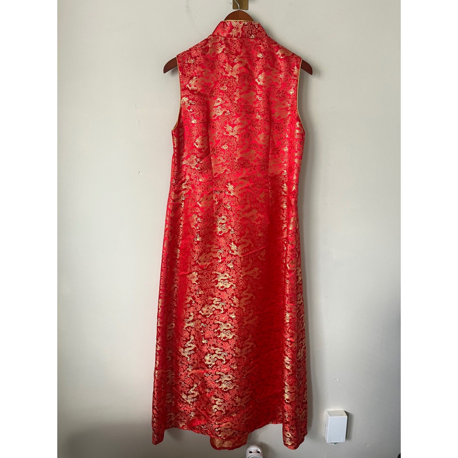 Vestern Fashion Red Gold Dragon Brocade Cheongsam Qipao Maxi Dress L Sleeveless