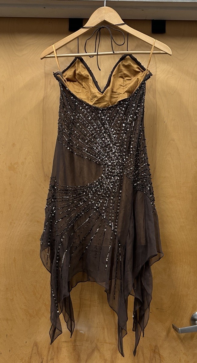 VTG Cassandra Stone 100% Silk Beaded Sequin Halter Brown Dress 4 Ruffle Fairy