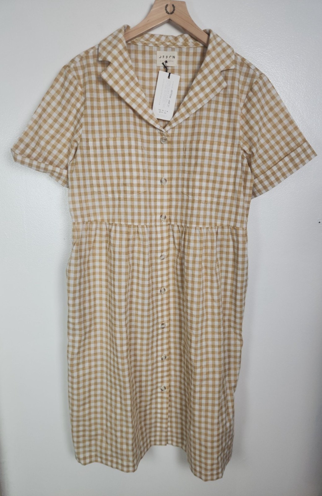 Offon Clothing Women’s Sz. L Short Sleeve Button Down Tan Gingham Dress NWT