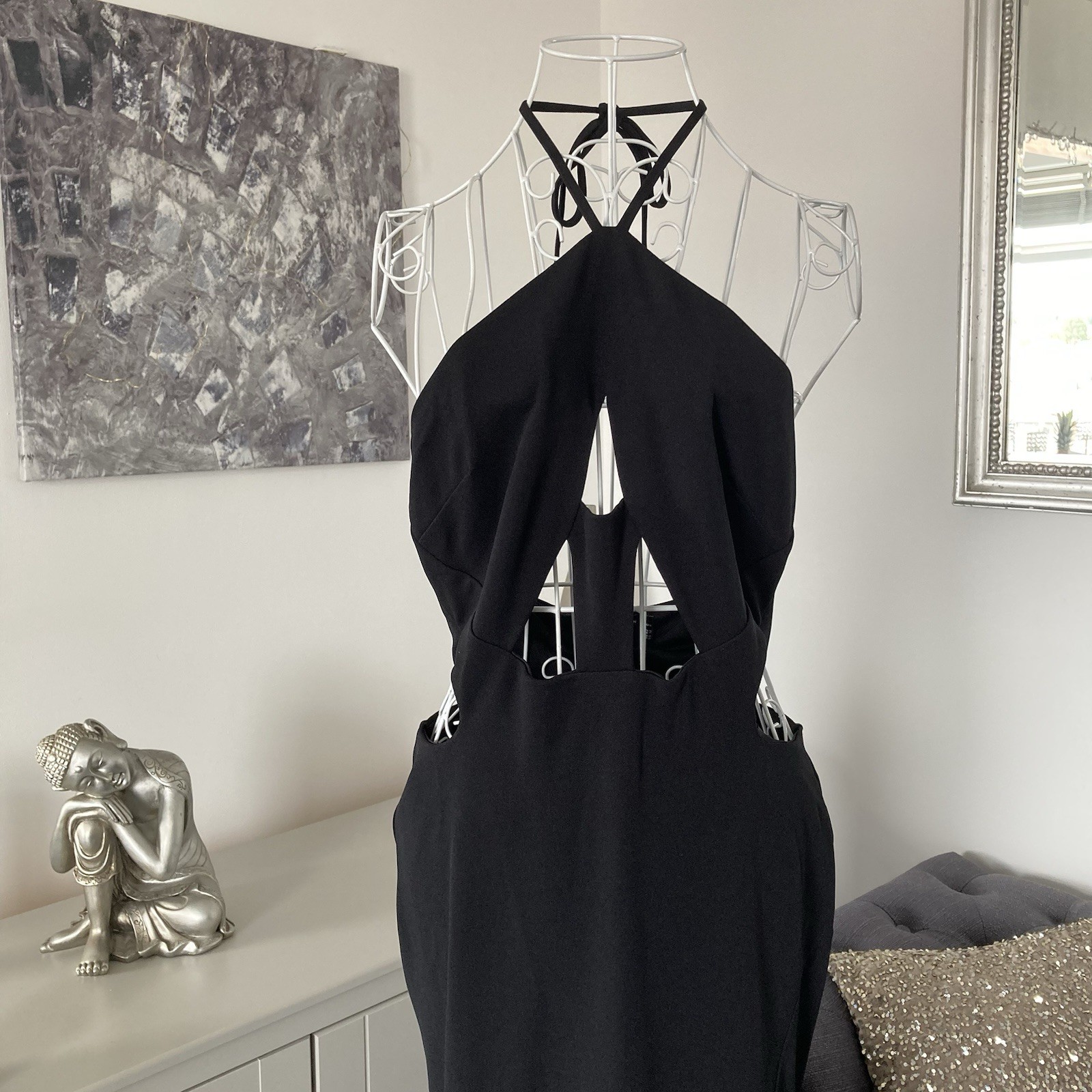 Black Halter Neck Cut Out Detailing Open Back Front Side Split Midi Dress 14 P