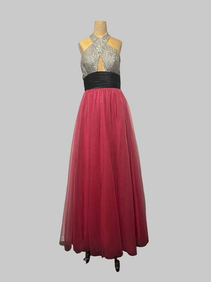 Sequin Halter Neck Gown with Pink Tulle Skirt
