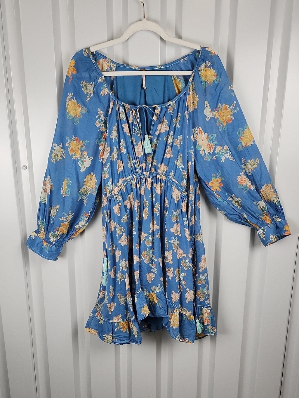 Free People Camella Blue Floral Peasant Mini Dress with Puff Sleeves Size XL