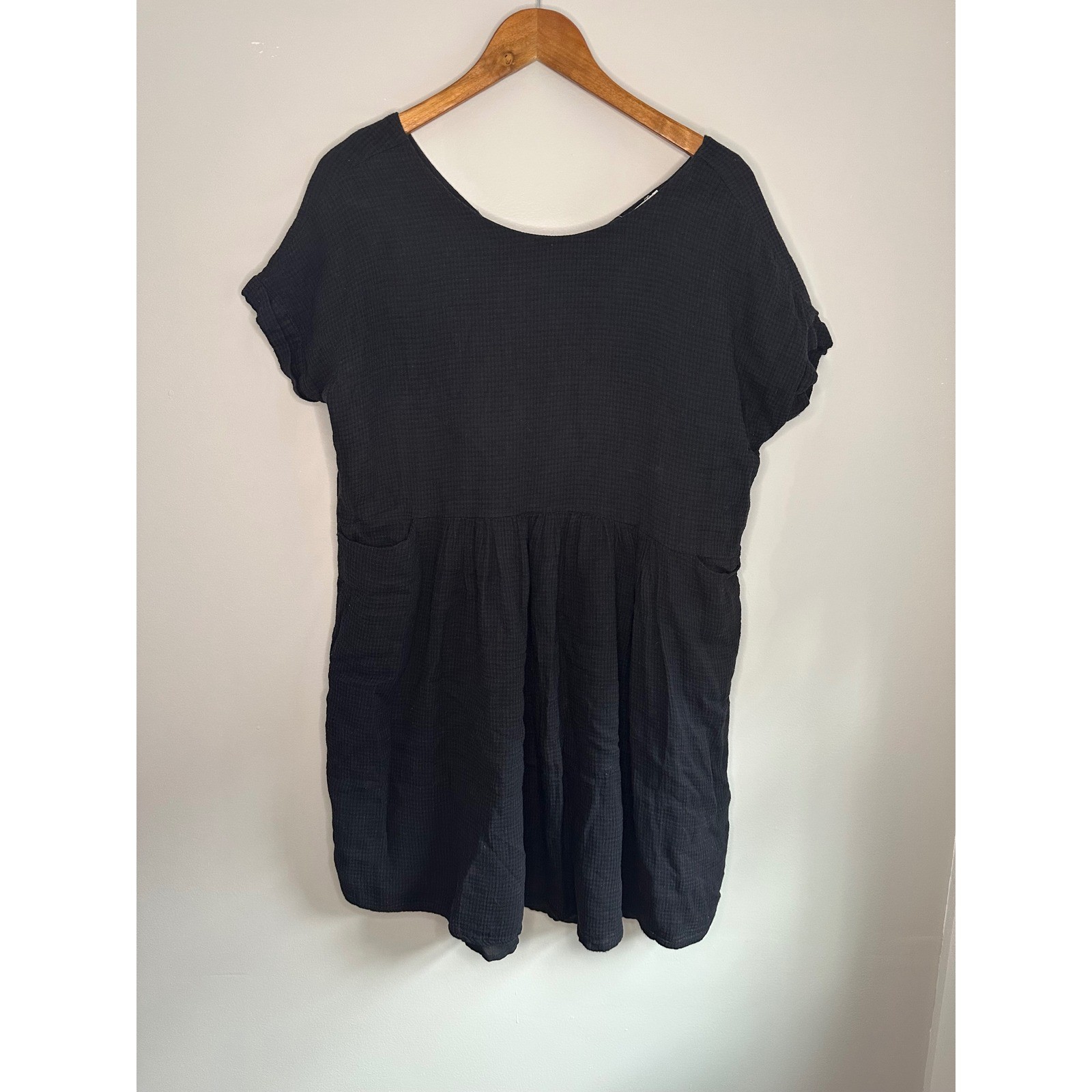MOD REF Gauze Babydoll Dress Womens M Black EUC Textured Cotton Pockets Chic