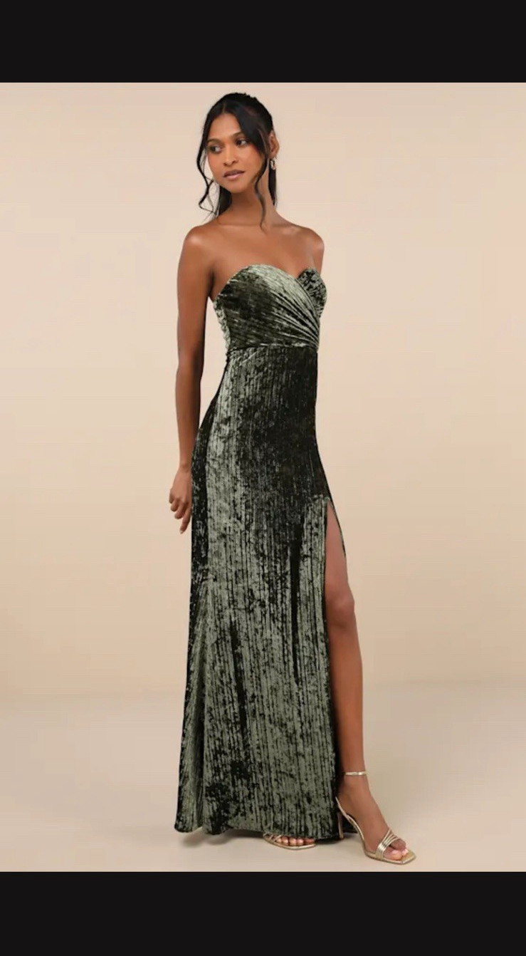 Women’s XS Green Black Sweetheart Strapless Pleated Velvet Maxi Dress Slit
